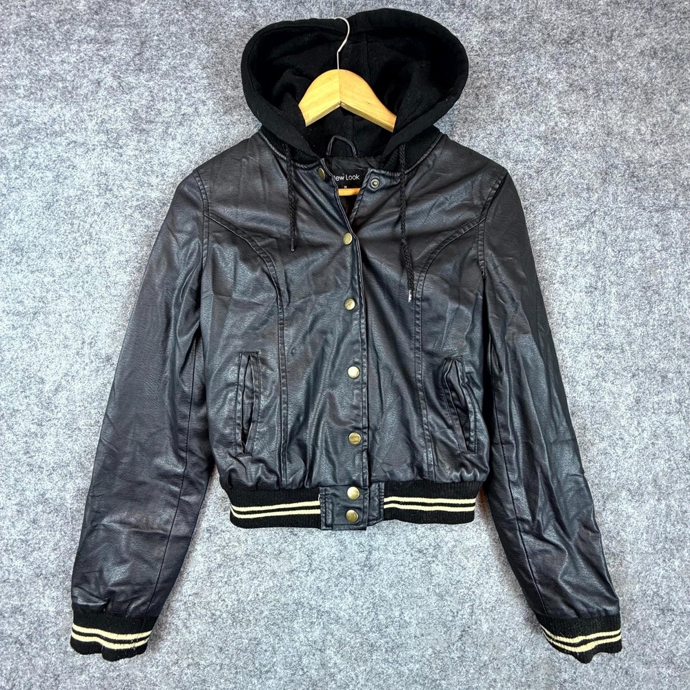 New Look Varsity Hoodie Jacket Women Medium Black Faux Leather Hooded Snap Front